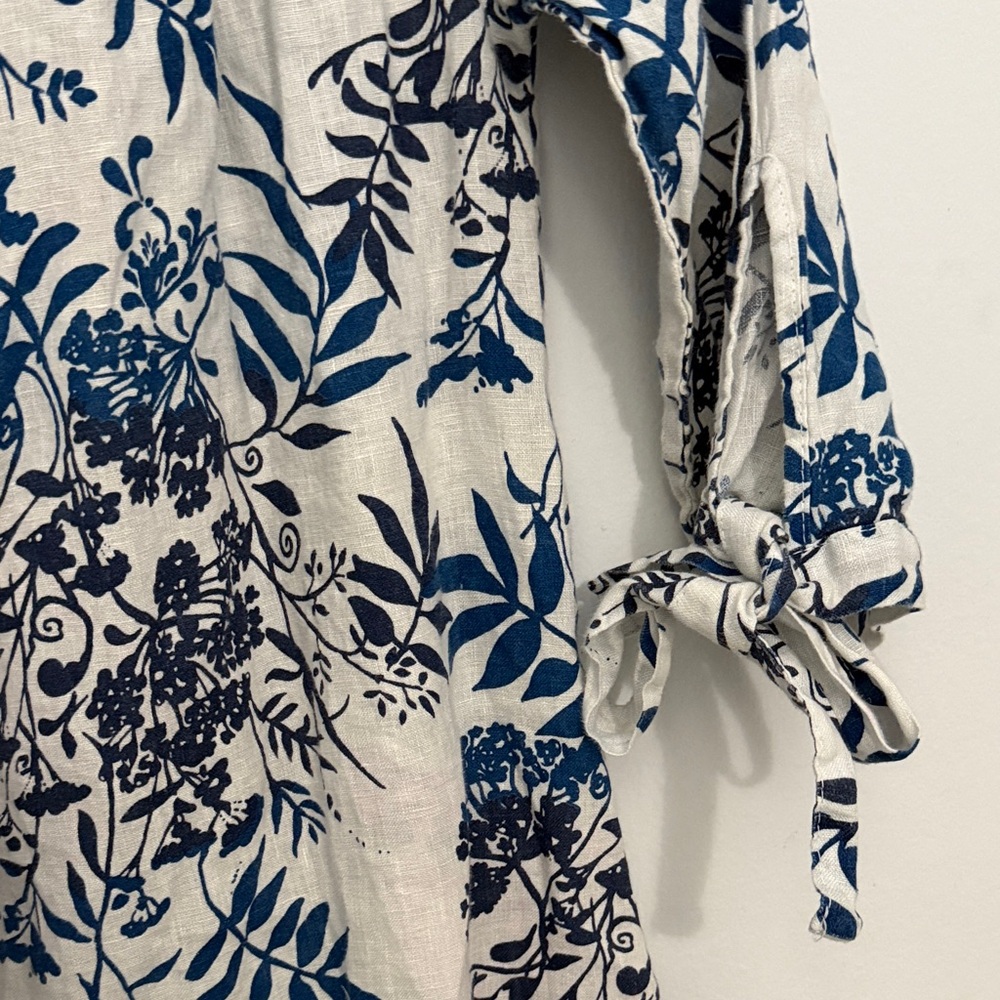 Off-Shoulder Linen Blue Floral Midi Dress with Tie Sleeves Summer Resortwear - Picture 3 of 8
